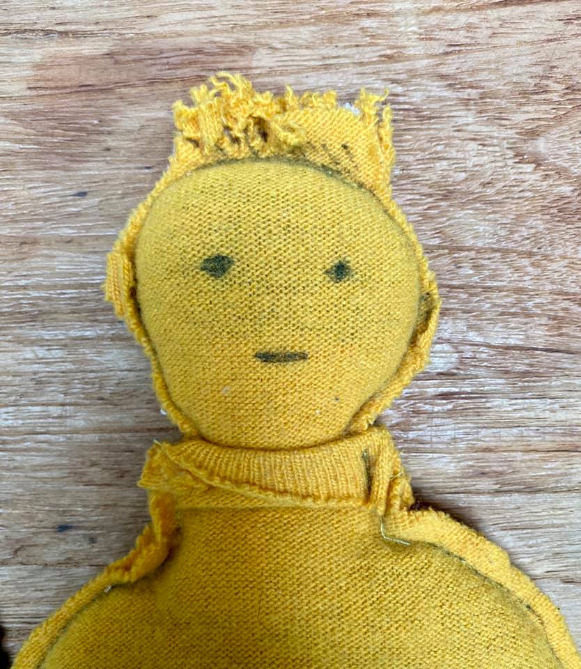 Yellow circulair friend made from a recycled pullover 100% wool