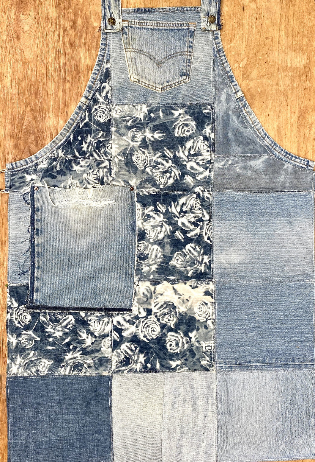 Unique Piece Denim Apron with recycled Levi's jeans and flowers